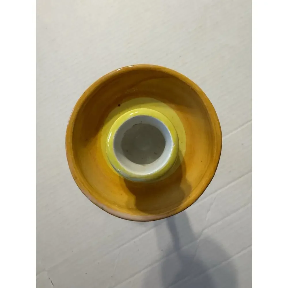Yellow Floral Ceramic Candle Holder Round with Handle Hand Painted Spain Dish
